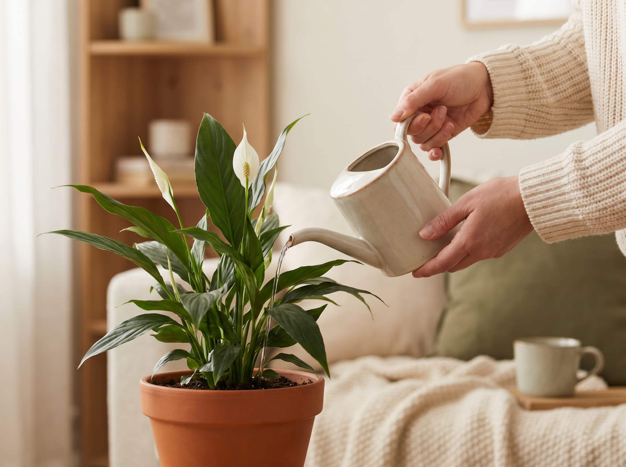 Một người tưới nhẹ cho cây Lanvala bằng bình tưới nhỏ